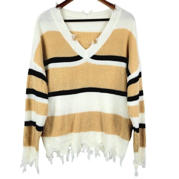Women's plus 1X Shein V-Neck Off The Shoulder Raw Hem Fall Colorblock Sweater - Picture 1 of 11